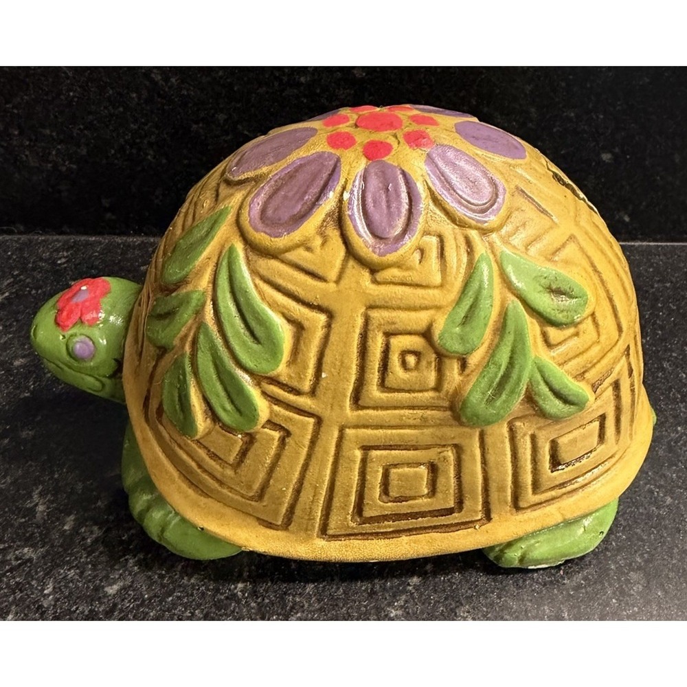 Vintage Viking Imports Japan Turtle Coin Bank Hand Painted Folk Art Chalkware 6"